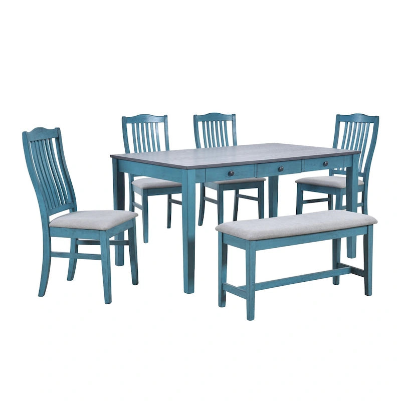 Set da pranzo 6 pezzi blu/grigio anticato per 5 – Tavolo, 4 sedie e panca