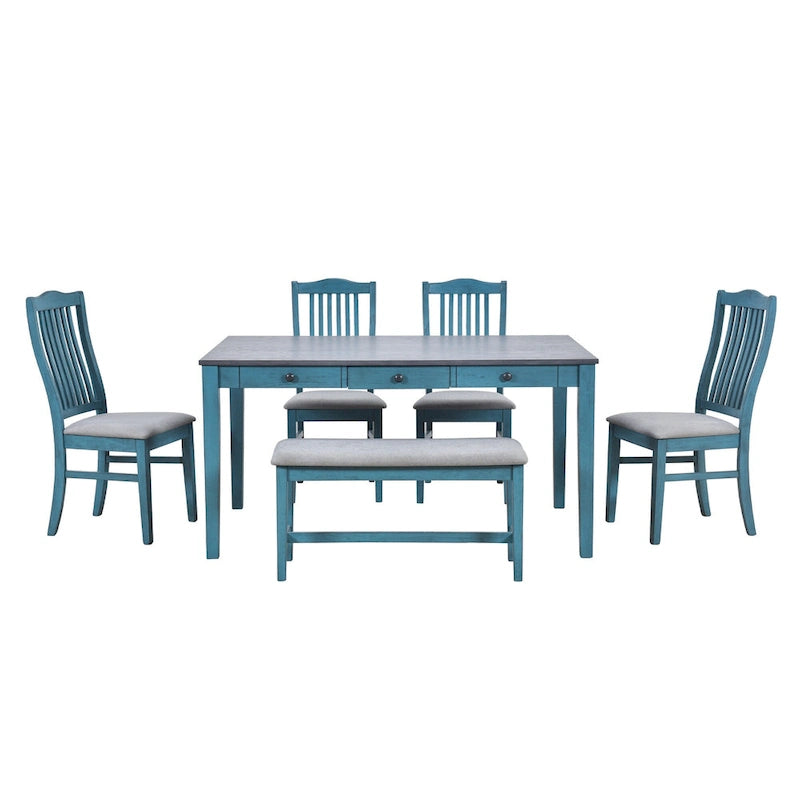 Set da pranzo 6 pezzi blu/grigio anticato per 5 – Tavolo, 4 sedie e panca