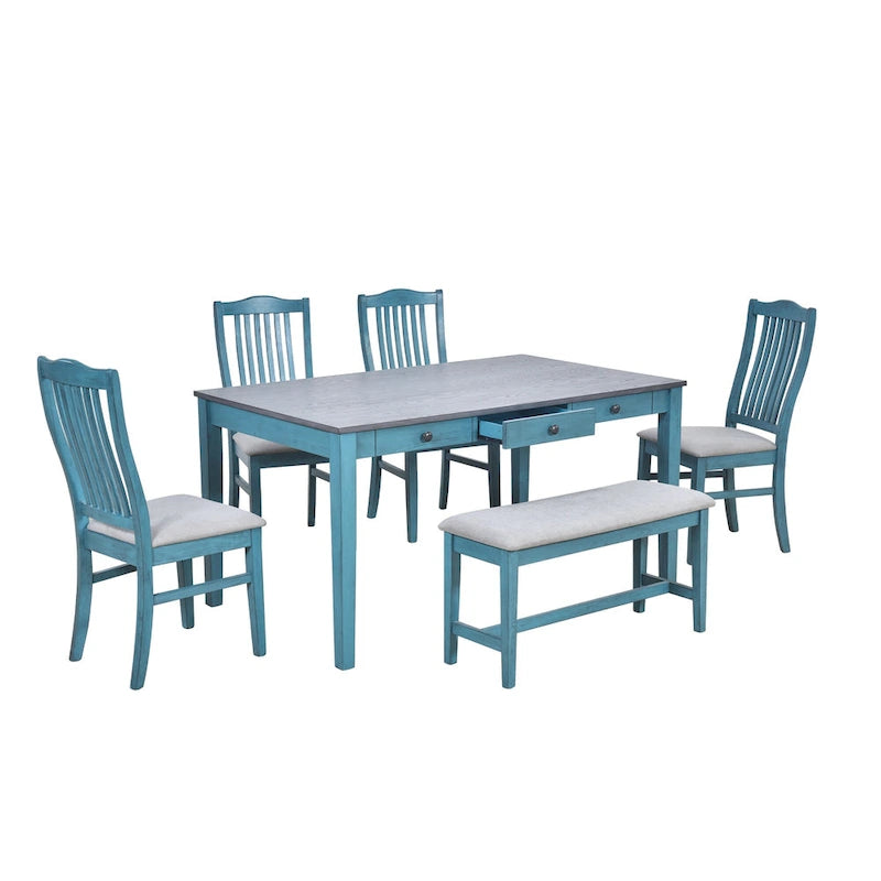 Set da pranzo 6 pezzi blu/grigio anticato per 5 – Tavolo, 4 sedie e panca