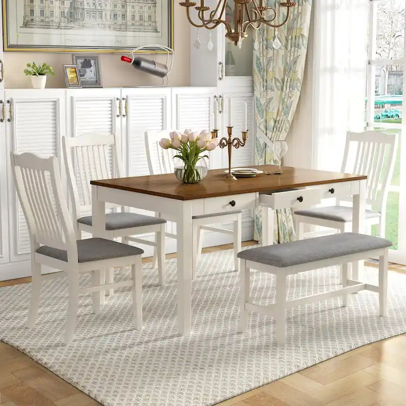 Set da pranzo 6 pezzi blu/grigio anticato per 5 – Tavolo, 4 sedie e panca