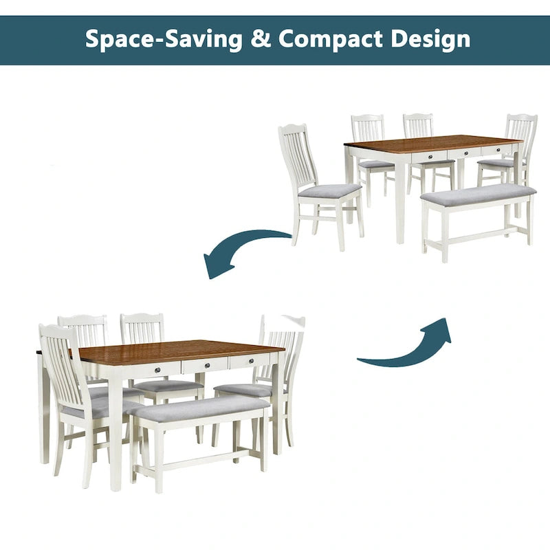 Set da pranzo 6 pezzi blu/grigio anticato per 5 – Tavolo, 4 sedie e panca
