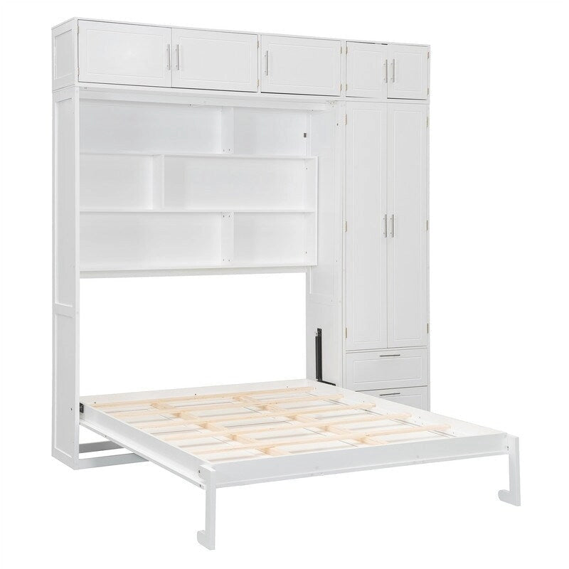 Grigio, Letto a scomparsa a muro con armadio e contenitore, Queen, 1–2 posti letto