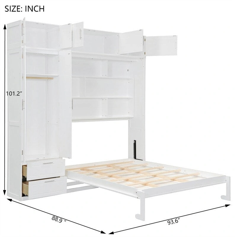 Grigio, Letto a scomparsa a muro con armadio e contenitore, Queen, 1–2 posti letto