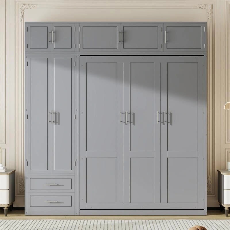 Grigio, Letto a scomparsa a muro con armadio e contenitore, Queen, 1–2 posti letto