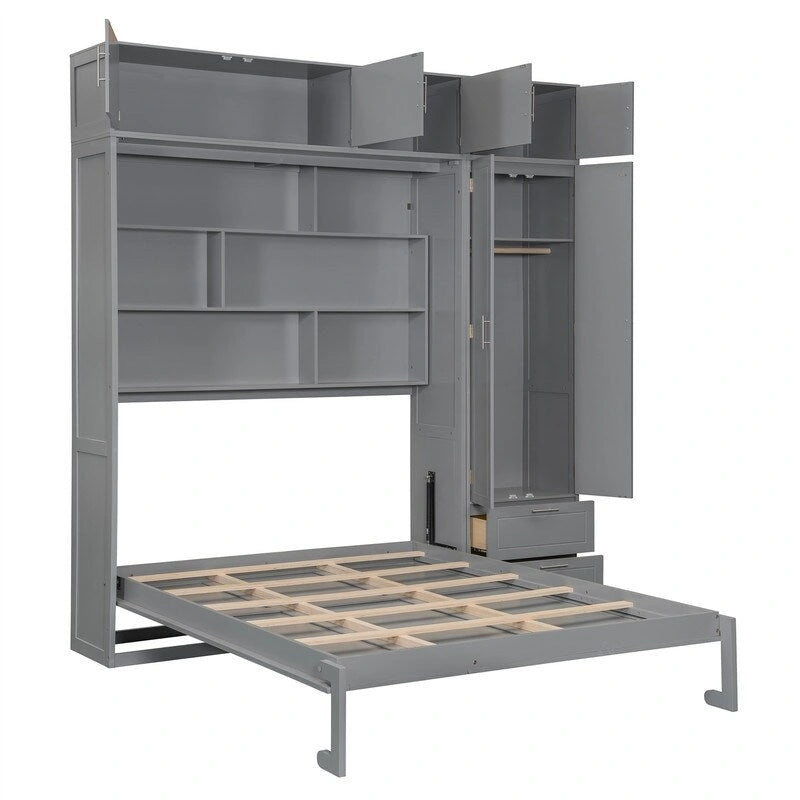 Grigio, Letto a scomparsa a muro con armadio e contenitore, Queen, 1–2 posti letto