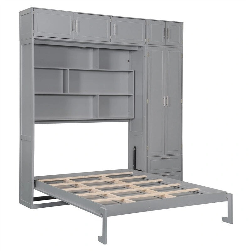 Grigio, Letto a scomparsa a muro con armadio e contenitore, Queen, 1–2 posti letto