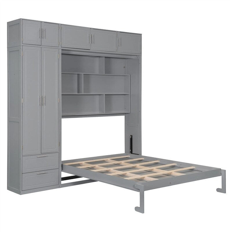 Grigio, Letto a scomparsa a muro con armadio e contenitore, Queen, 1–2 posti letto
