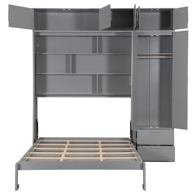 Grigio, Letto a scomparsa a muro con armadio e contenitore, Queen, 1–2 posti letto