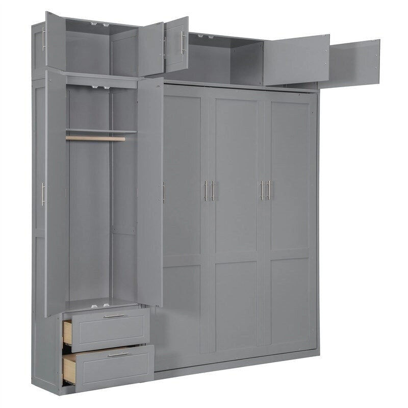 Grigio, Letto a scomparsa a muro con armadio e contenitore, Queen, 1–2 posti letto