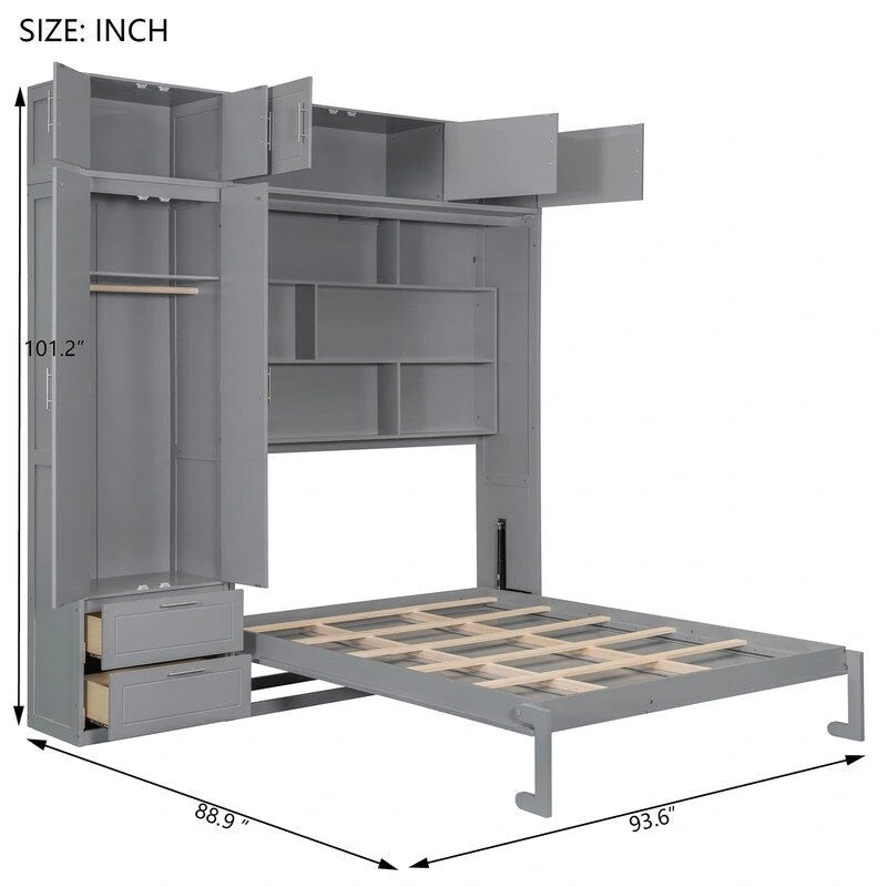 Grigio, Letto a scomparsa a muro con armadio e contenitore, Queen, 1–2 posti letto