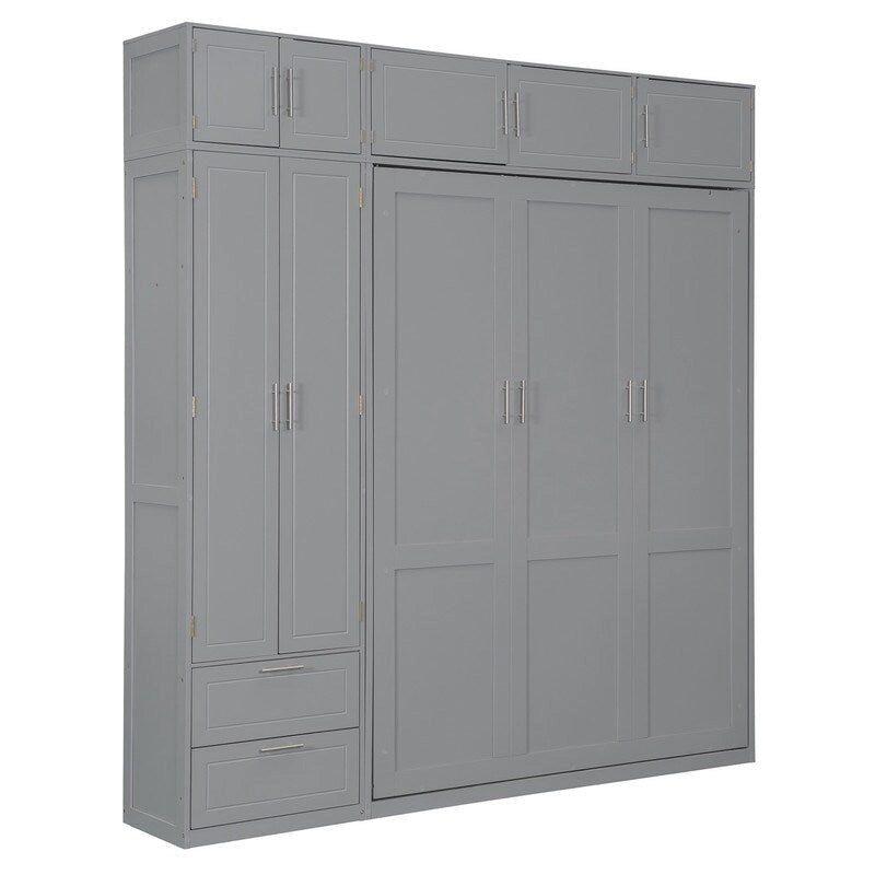 Grigio, Letto a scomparsa a muro con armadio e contenitore, Queen, 1–2 posti letto