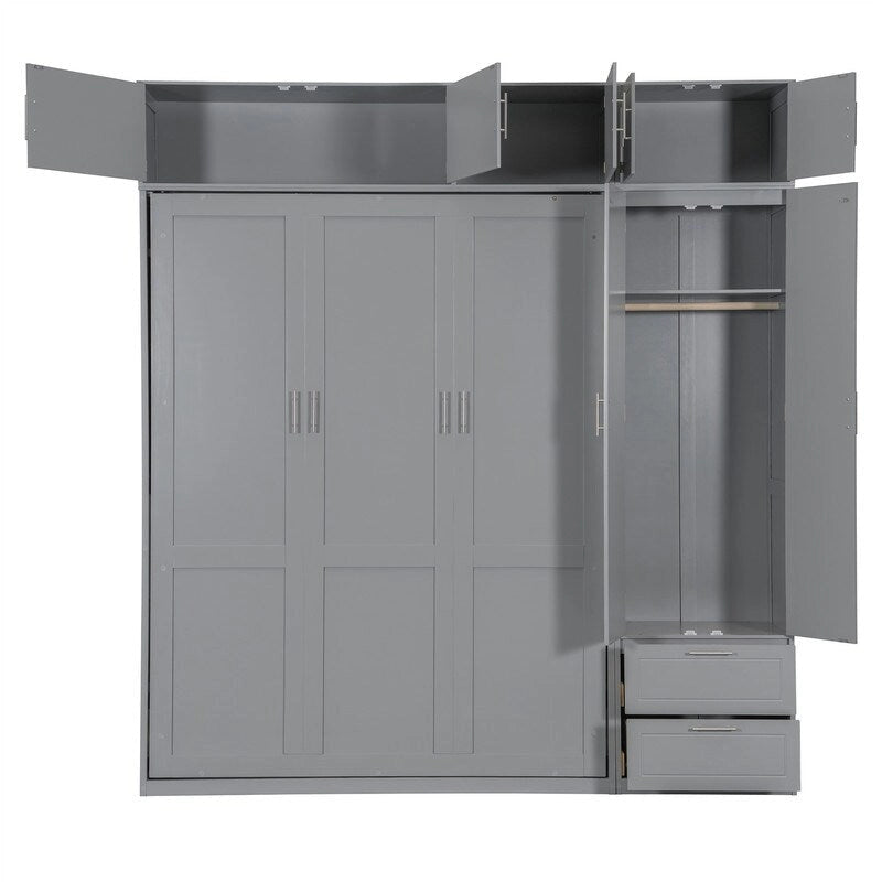 Grigio, Letto a scomparsa a muro con armadio e contenitore, Queen, 1–2 posti letto