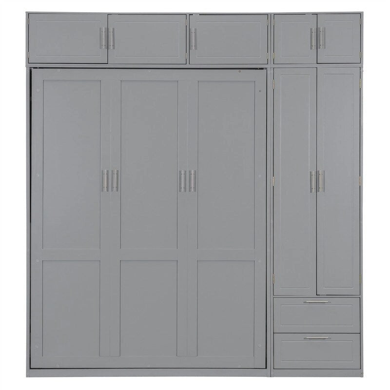 Grigio, Letto a scomparsa a muro con armadio e contenitore, Queen, 1–2 posti letto