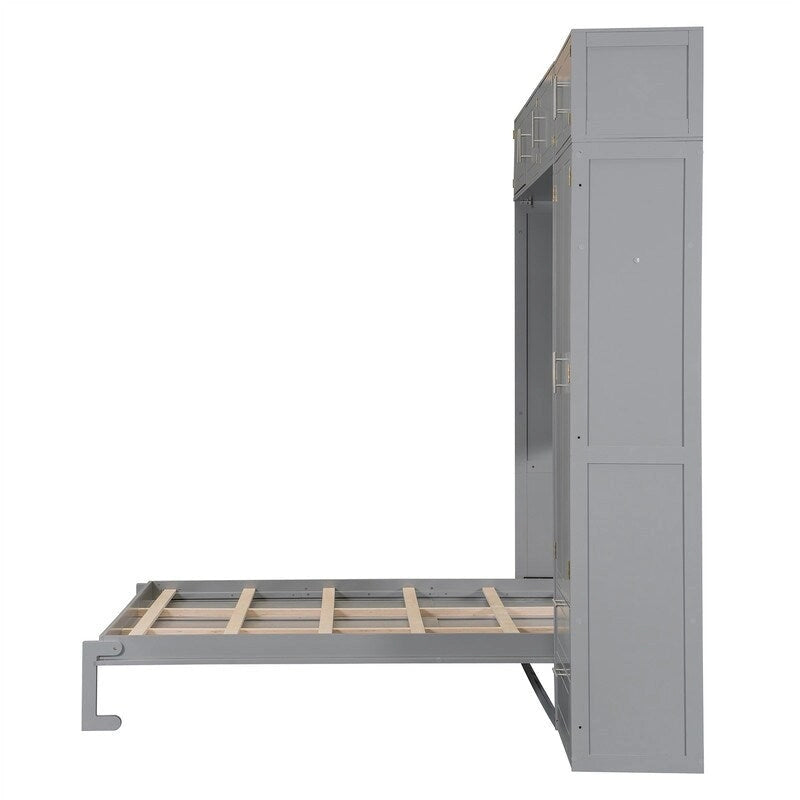 Grigio, Letto a scomparsa a muro con armadio e contenitore, Queen, 1–2 posti letto