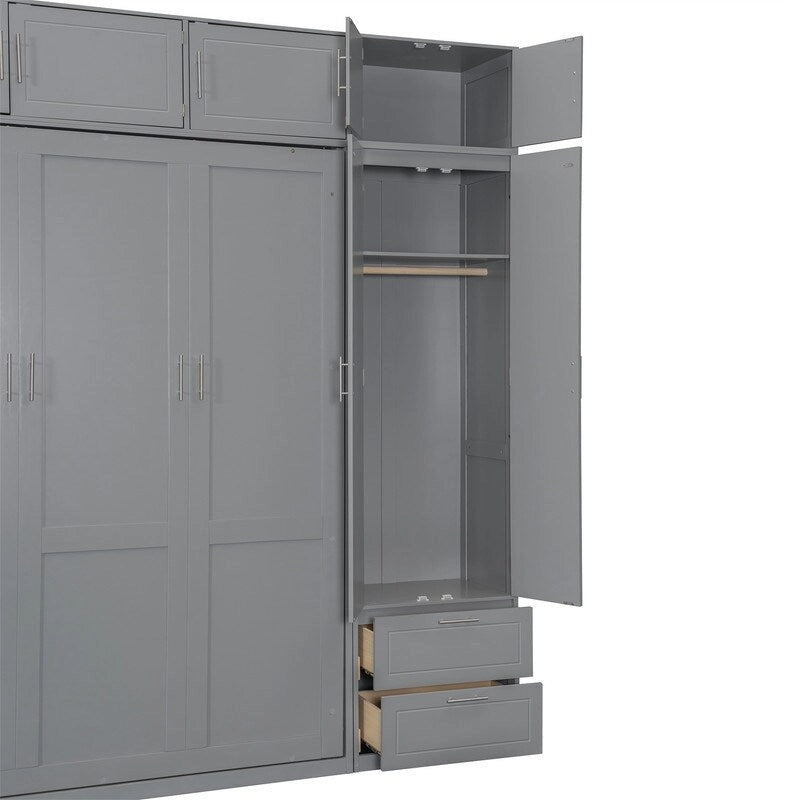 Grigio, Letto a scomparsa a muro con armadio e contenitore, Queen, 1–2 posti letto