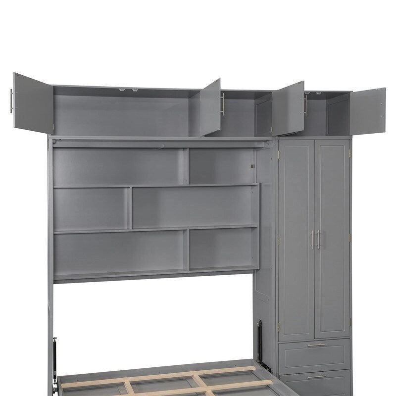 Grigio, Letto a scomparsa a muro con armadio e contenitore, Queen, 1–2 posti letto