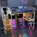 Letto a soppalco in metallo bianco con scrivania, armadio e luci a LED, singolo/matrimoniale, 1 persona