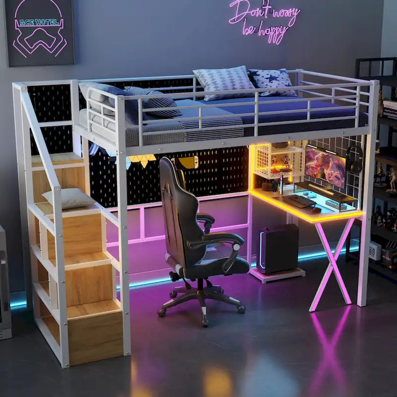 Letto a soppalco in metallo bianco con scrivania, armadio e luci a LED, singolo/matrimoniale, 1 persona