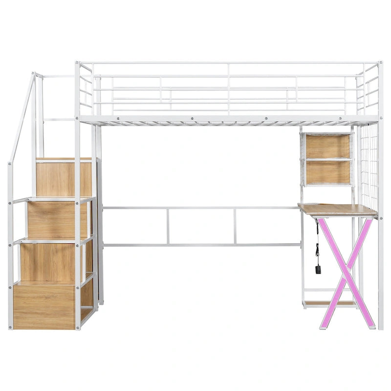 Letto a soppalco in metallo bianco con scrivania, armadio e luci a LED, singolo/matrimoniale, 1 persona