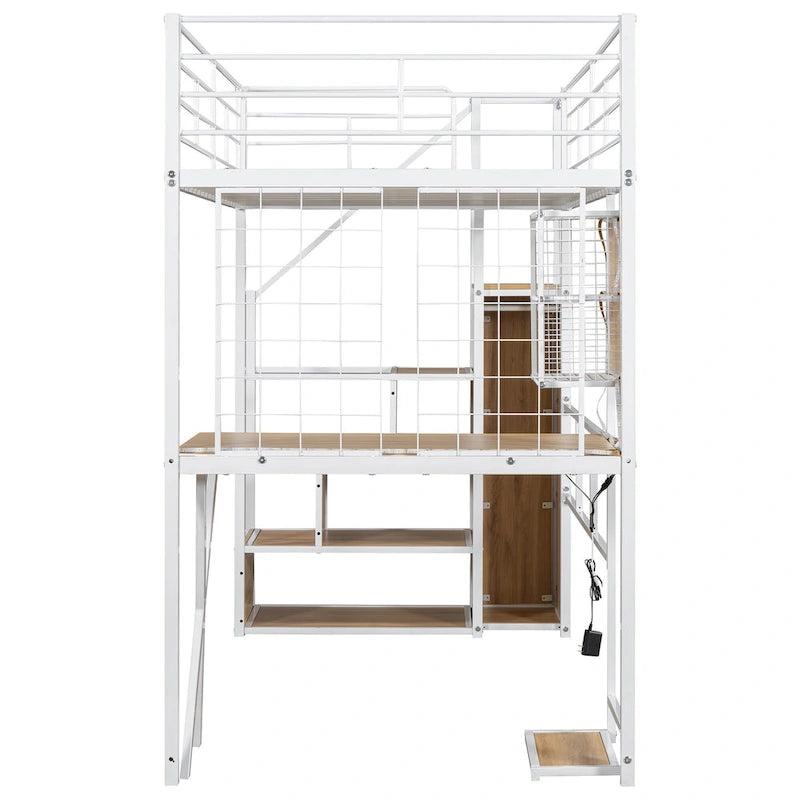 Letto a soppalco in metallo bianco con scrivania, armadio e luci a LED, singolo/matrimoniale, 1 persona