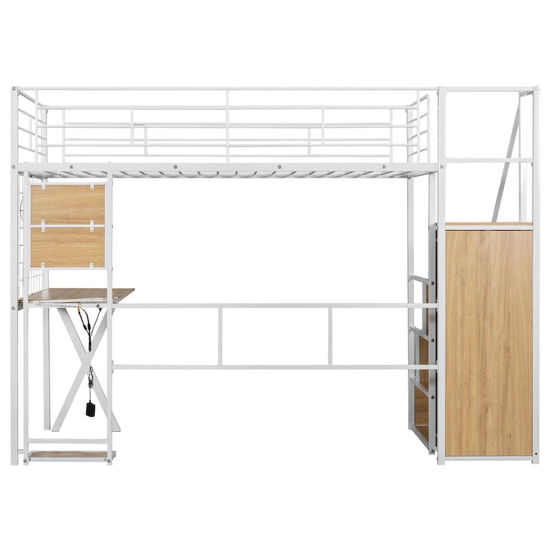 Letto a soppalco in metallo bianco con scrivania, armadio e luci a LED, singolo/matrimoniale, 1 persona