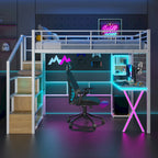 Letto a soppalco in metallo bianco con scrivania, armadio e luci a LED, singolo/matrimoniale, 1 persona