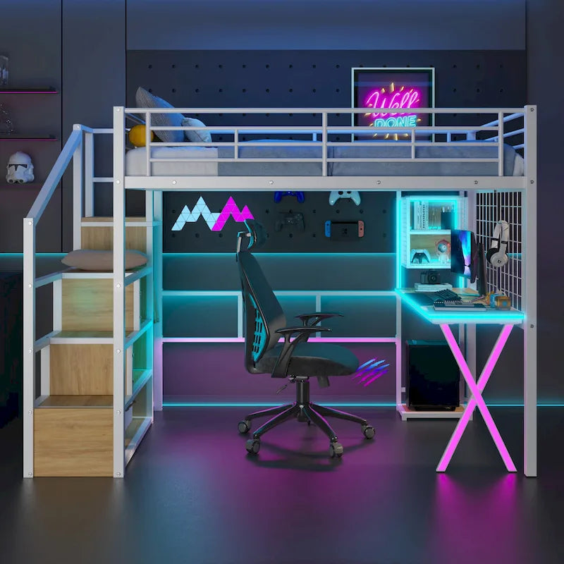 Letto a soppalco in metallo bianco con scrivania, armadio e luci a LED, singolo/matrimoniale, 1 persona