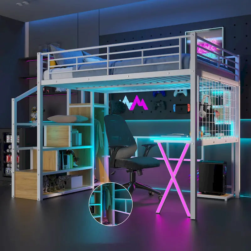 Letto a soppalco in metallo bianco con scrivania, armadio e luci a LED, singolo/matrimoniale, 1 persona