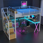 Letto a soppalco in metallo bianco con scrivania, armadio e luci a LED, singolo/matrimoniale, 1 persona