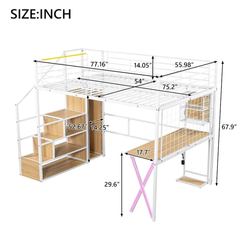 Letto a soppalco in metallo bianco con scrivania, armadio e luci a LED, singolo/matrimoniale, 1 persona