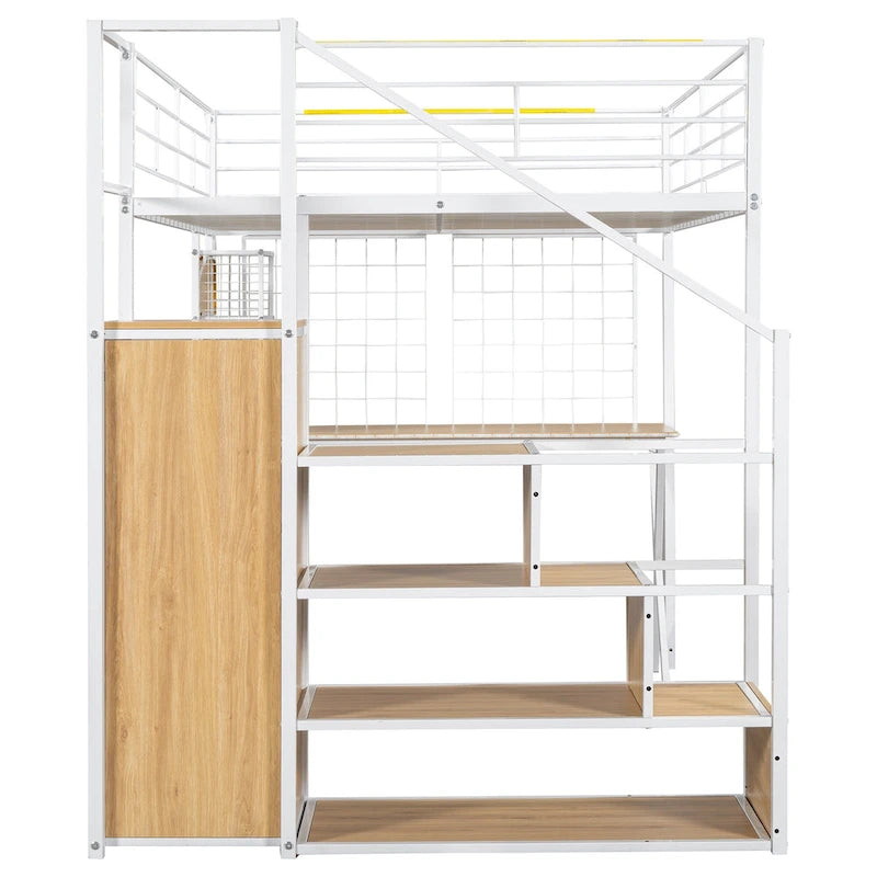 Letto a soppalco in metallo bianco con scrivania, armadio e luci a LED, singolo/matrimoniale, 1 persona