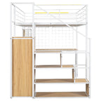 Letto a soppalco in metallo bianco con scrivania, armadio e luci a LED, singolo/matrimoniale, 1 persona