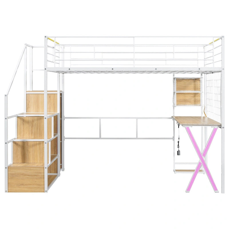 Letto a soppalco in metallo bianco con scrivania, armadio e luci a LED, singolo/matrimoniale, 1 persona