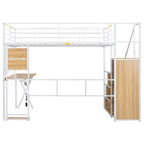 Letto a soppalco in metallo bianco con scrivania, armadio e luci a LED, singolo/matrimoniale, 1 persona