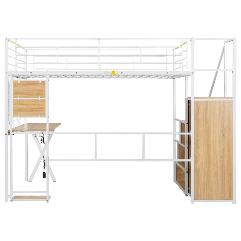 Letto a soppalco in metallo bianco con scrivania, armadio e luci a LED, singolo/matrimoniale, 1 persona