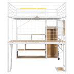 Letto a soppalco in metallo bianco con scrivania, armadio e luci a LED, singolo/matrimoniale, 1 persona