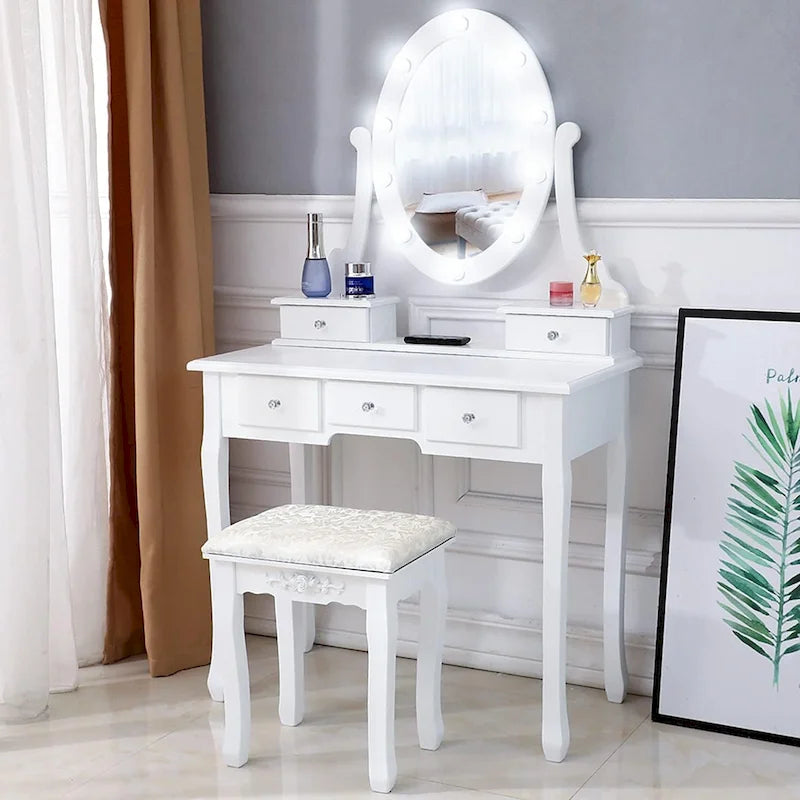 Set di toeletta bianco con sgabello e specchio illuminato, singolo
