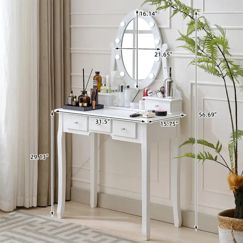 Set di toeletta bianco con sgabello e specchio illuminato, singolo