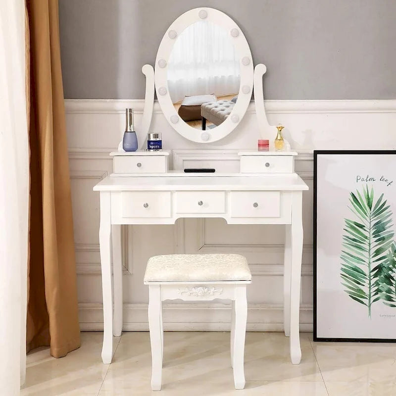 Set di toeletta bianco con sgabello e specchio illuminato, singolo