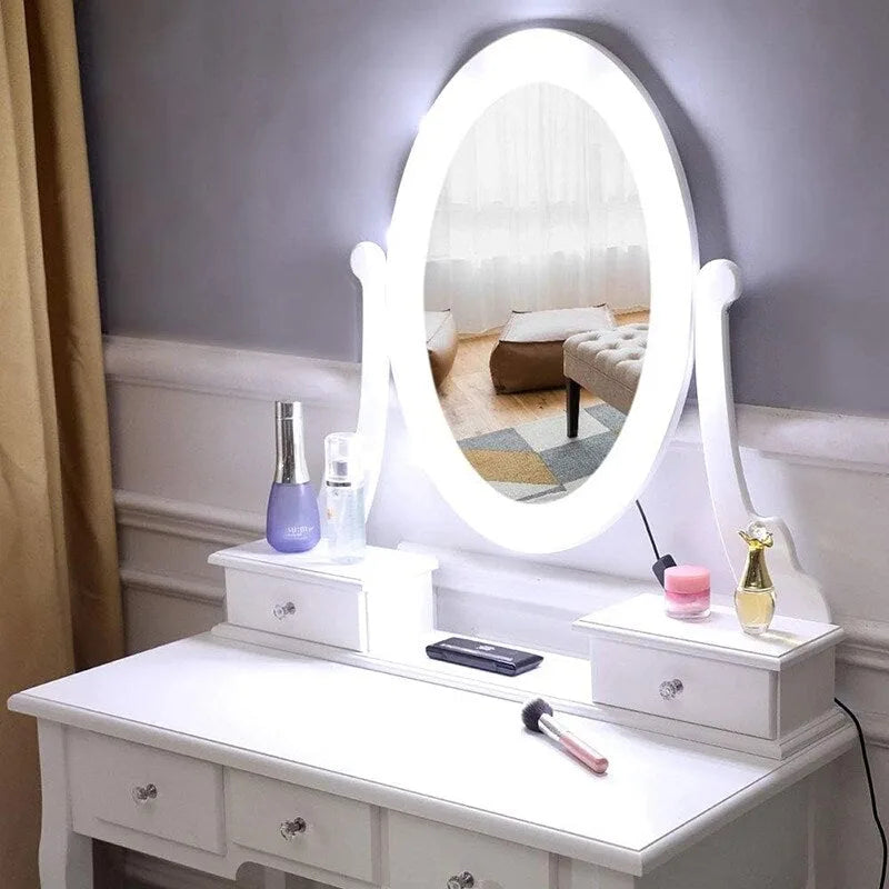Set di toeletta bianco con sgabello e specchio illuminato, singolo
