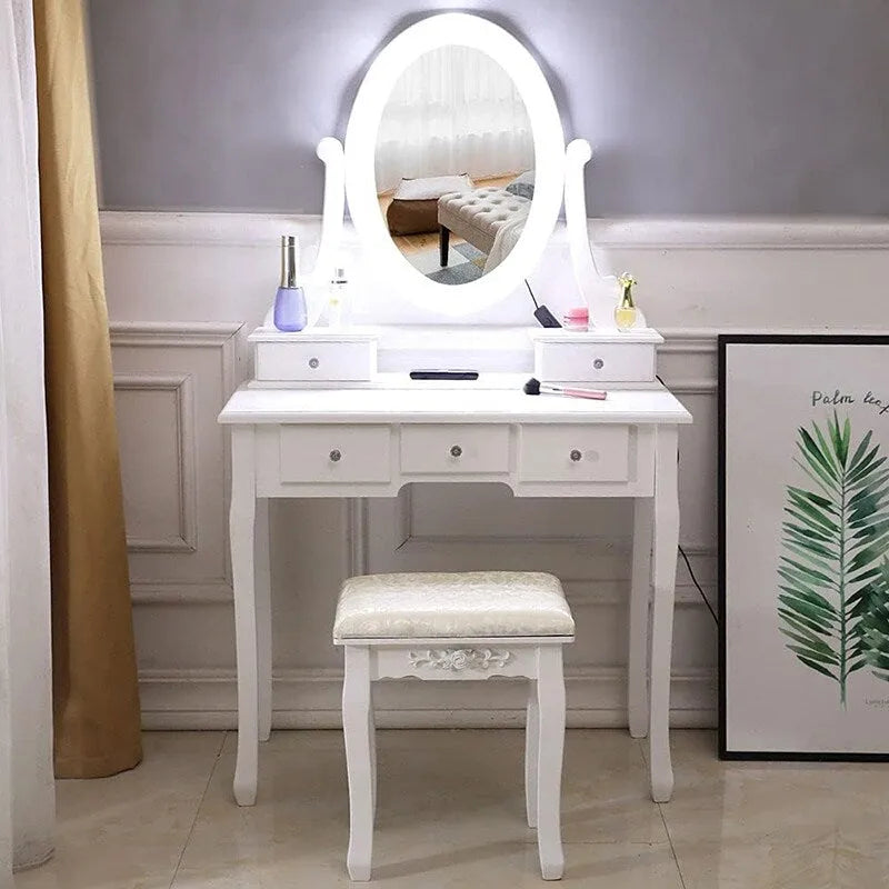Set di toeletta bianco con sgabello e specchio illuminato, singolo