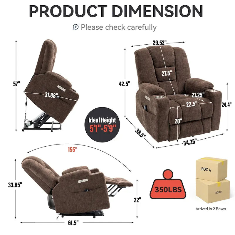 Poltrona reclinabile elettrica Brown Power Lift, monoposto, in ciniglia