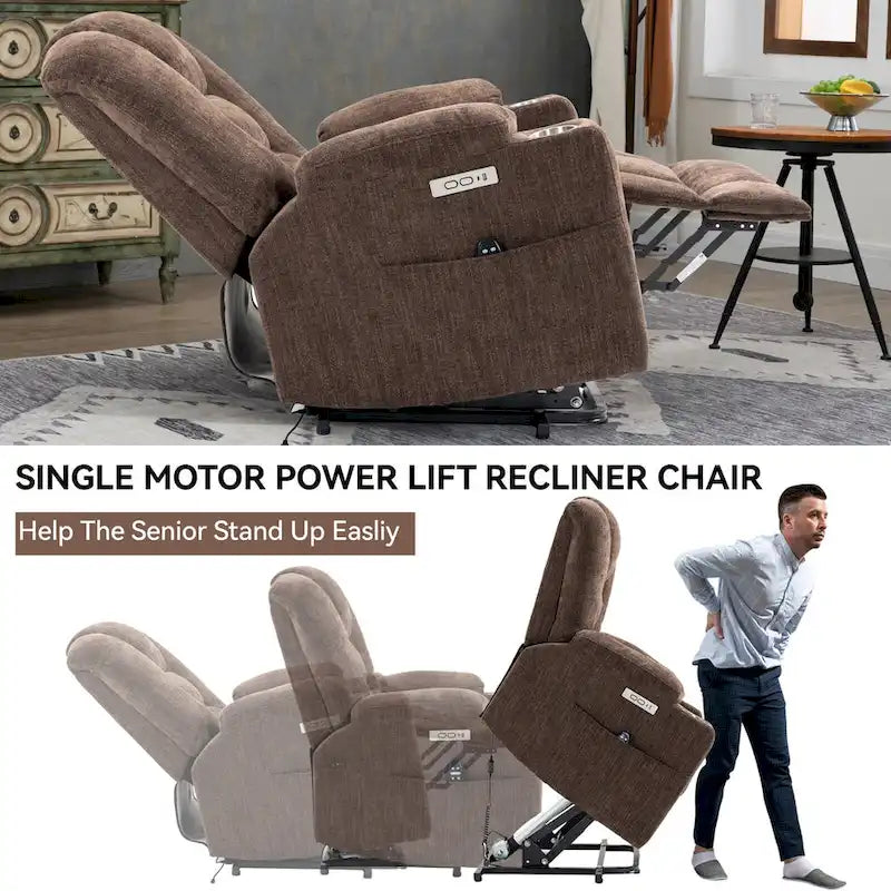 Poltrona reclinabile elettrica Brown Power Lift, monoposto, in ciniglia