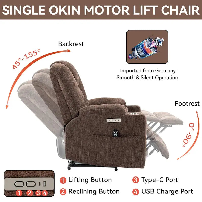 Poltrona reclinabile elettrica Brown Power Lift, monoposto, in ciniglia