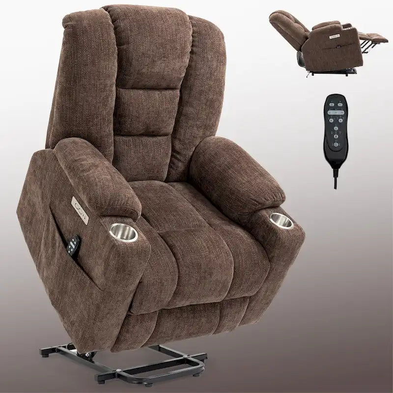 Poltrona reclinabile elettrica Brown Power Lift, monoposto, in ciniglia