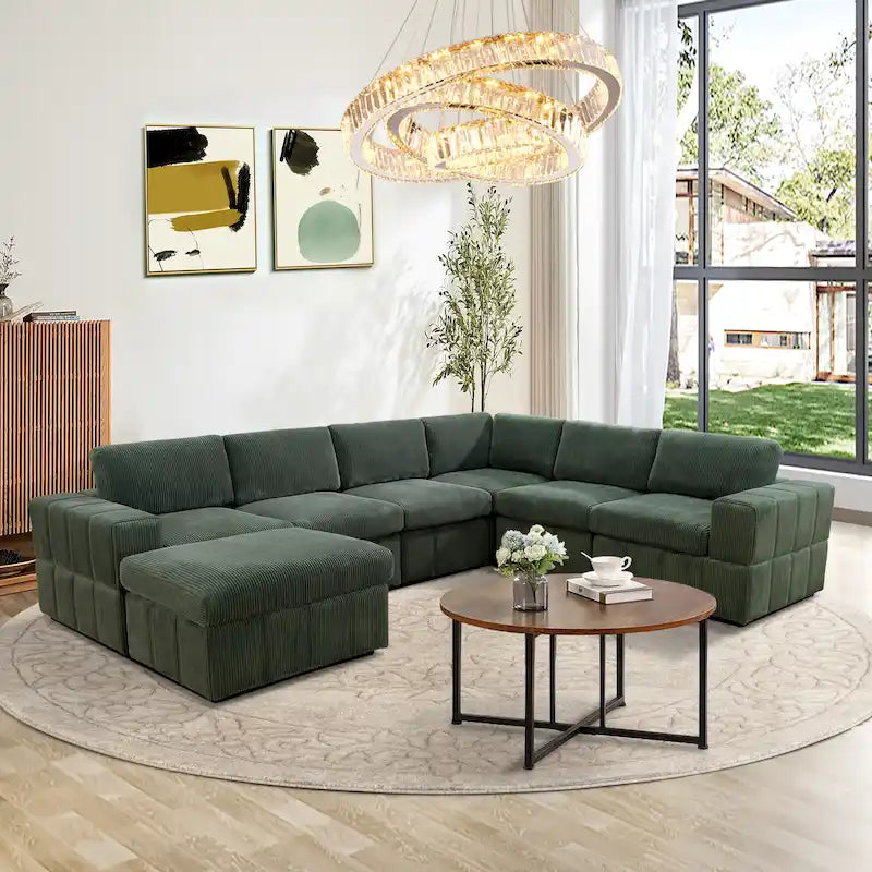 Divano angolare componibile in velluto a coste beige/verde/grigio scuro con pouf, 7 posti