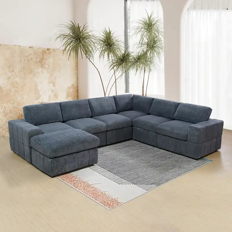 Divano angolare componibile in velluto a coste beige/verde/grigio scuro con pouf, 7 posti