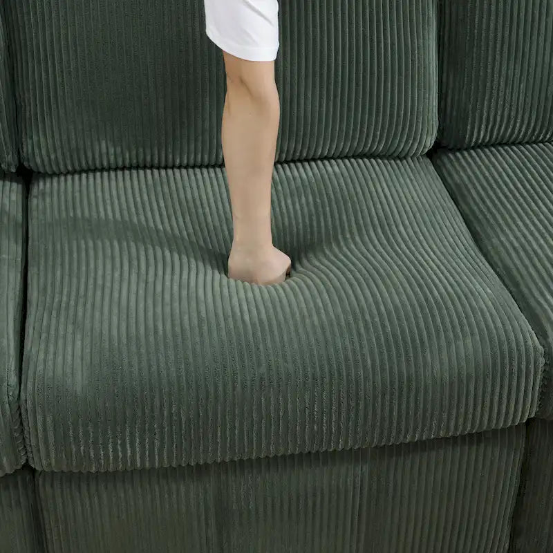 Divano angolare componibile in velluto a coste beige/verde/grigio scuro con pouf, 7 posti