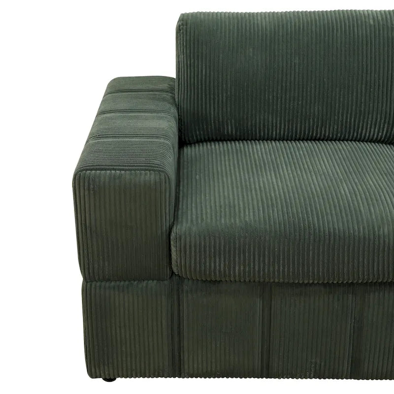 Divano angolare componibile in velluto a coste beige/verde/grigio scuro con pouf, 7 posti