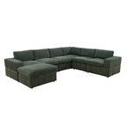 Divano angolare componibile in velluto a coste beige/verde/grigio scuro con pouf, 7 posti